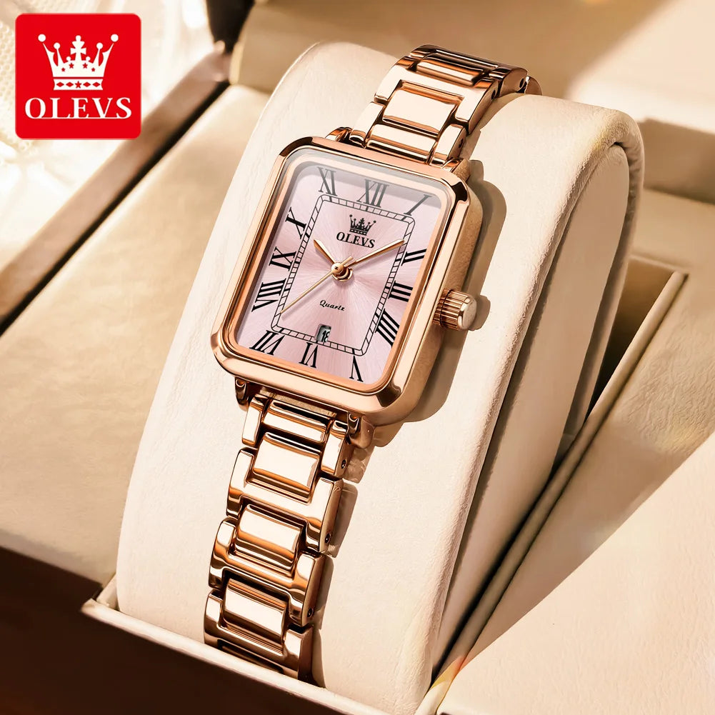 OLEVS 5641 Women Watch Fashion Simple Retro Square Roman Dial Date Waterproof Watch Elegant Luxury Rose Gold Quartz Women Watch