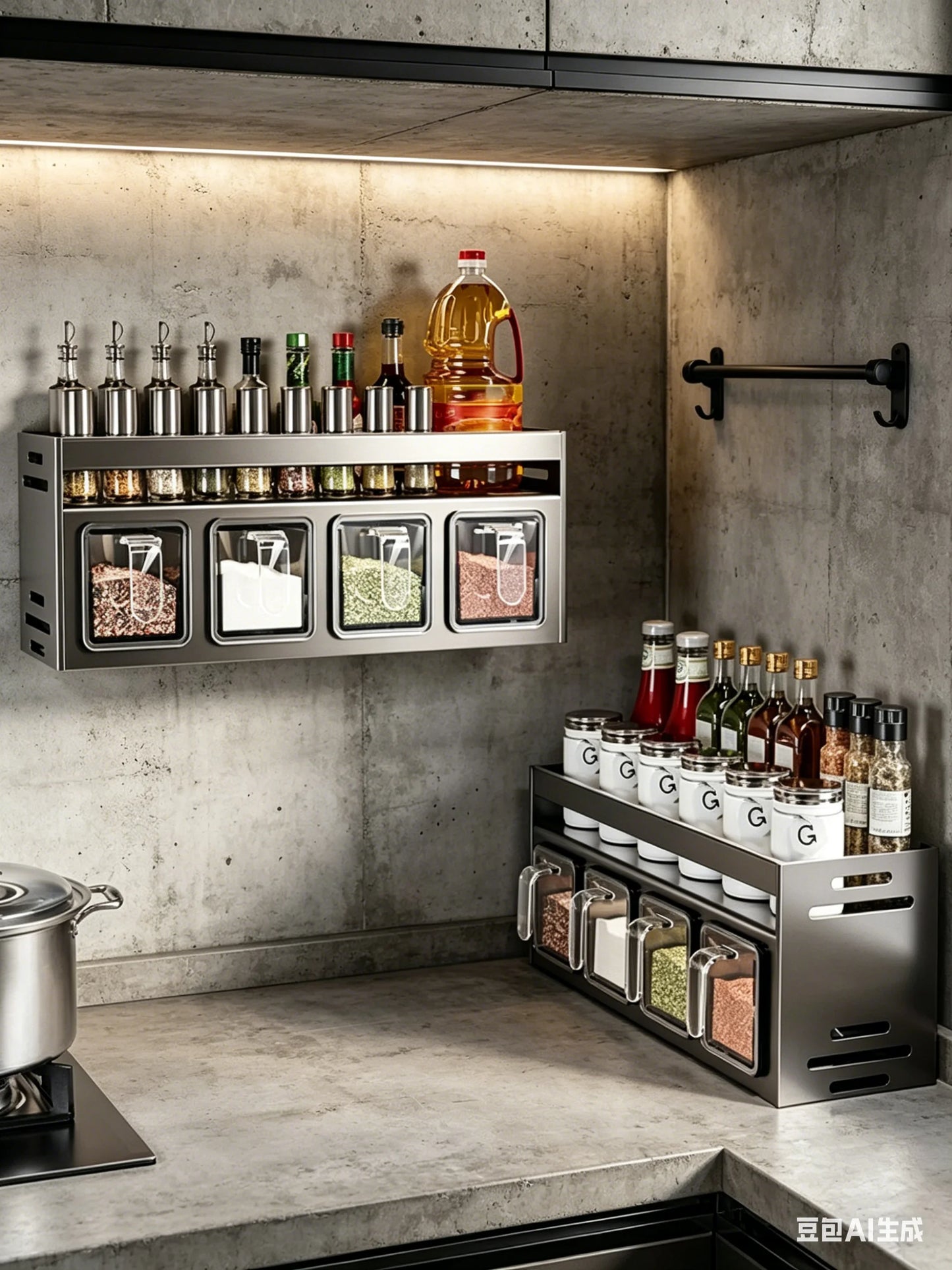 Kitchen wall storage organizer with sturdy stainless steel frame, wall mounted for spice box, jar and daily kitchen storage