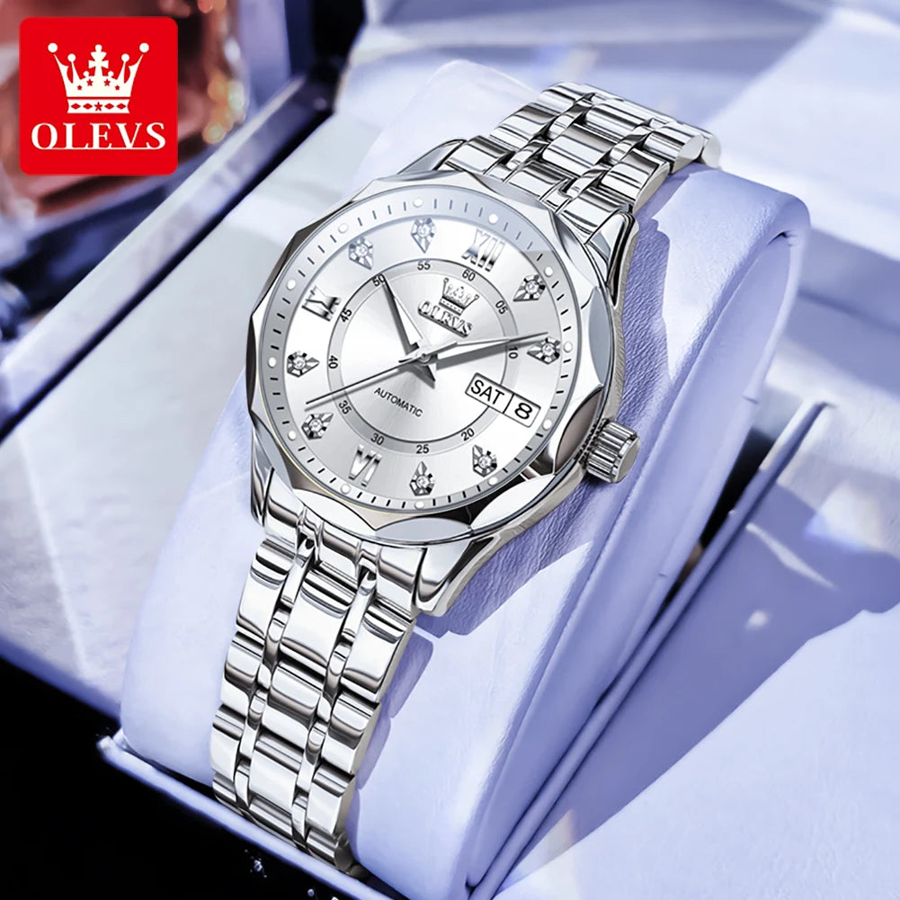 OLEVS 6727 Luxury Women Watch Brand Original All Automatic Mechanical Watch Roman Diamond Double Calendar Waterproof Women Watch