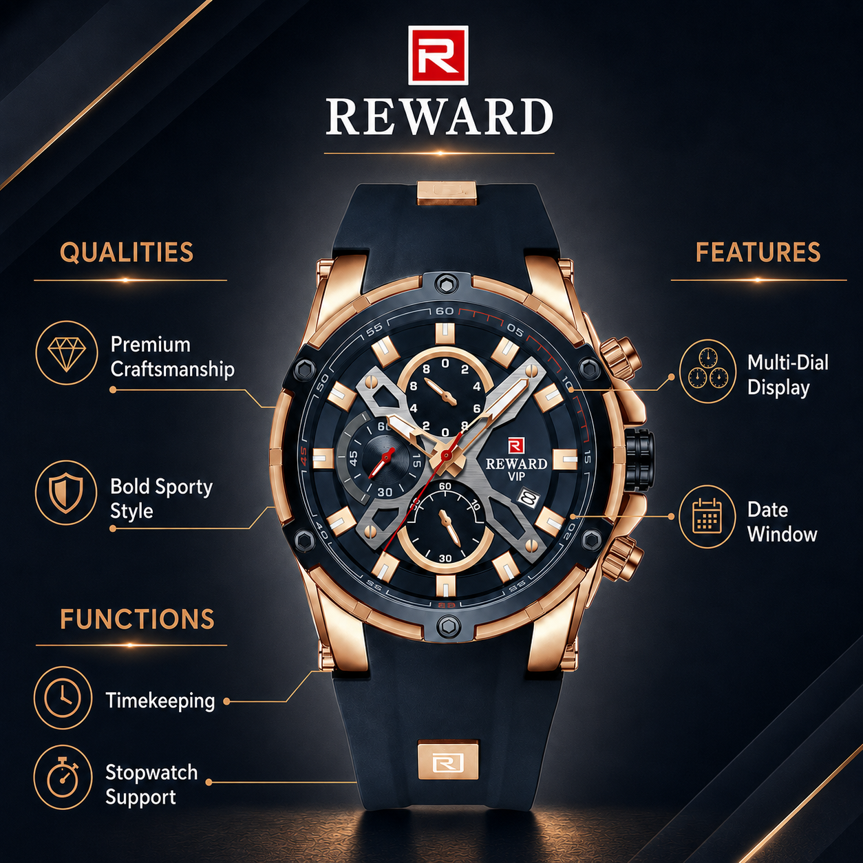 REWARD VIP Rose Gold Chronograph Luxury Men's Watch