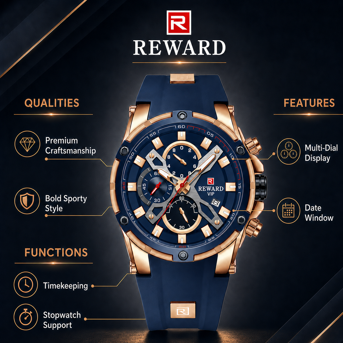 REWARD VIP Rose Gold Chronograph Luxury Men's Watch