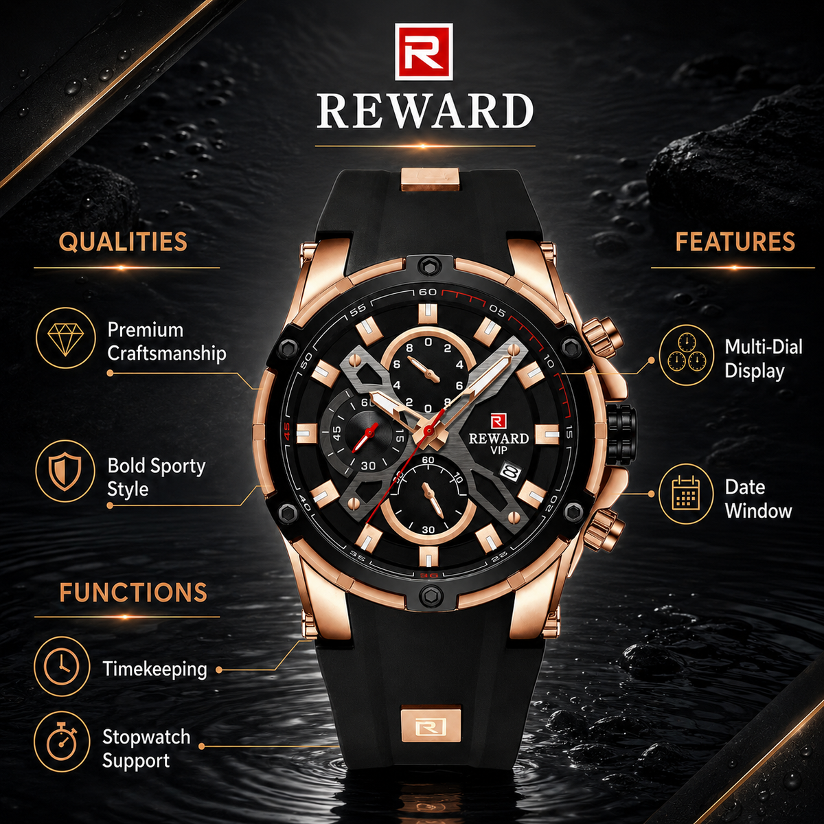 REWARD VIP Rose Gold Chronograph Luxury Men's Watch