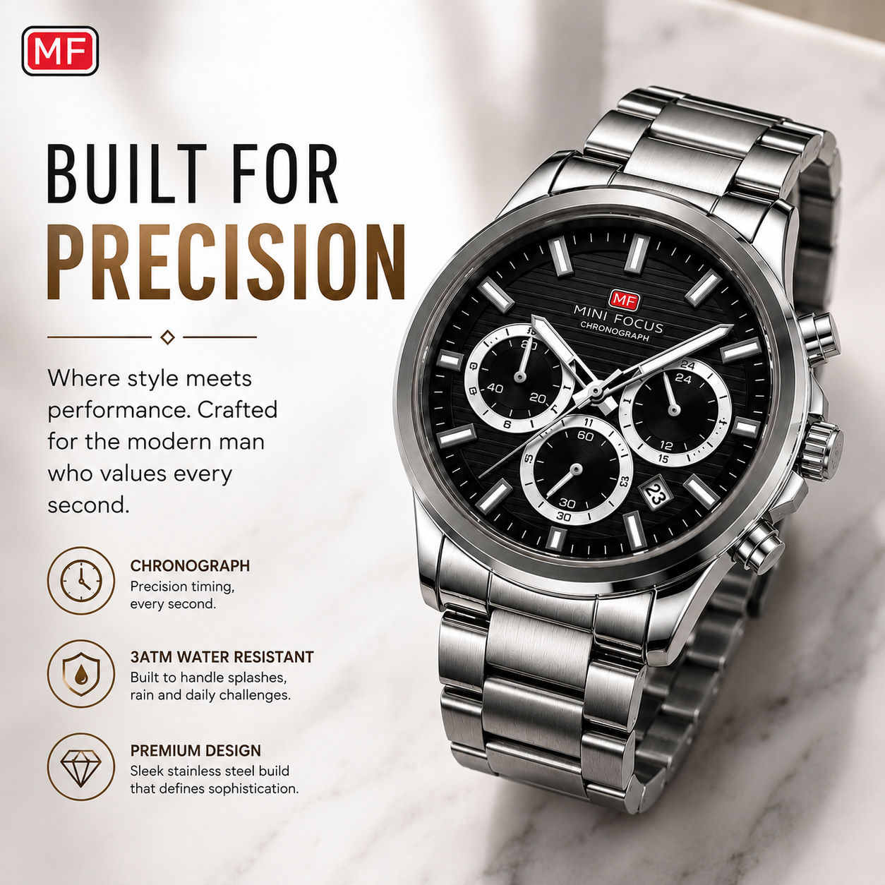 Mini Focus Men's Chronograph Stainless Steel Watch ساعة ميني فوكس كرونوغراف ستيل رجالية