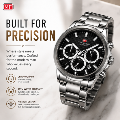 Mini Focus Men's Chronograph Stainless Steel Watch ساعة ميني فوكس كرونوغراف ستيل رجالية