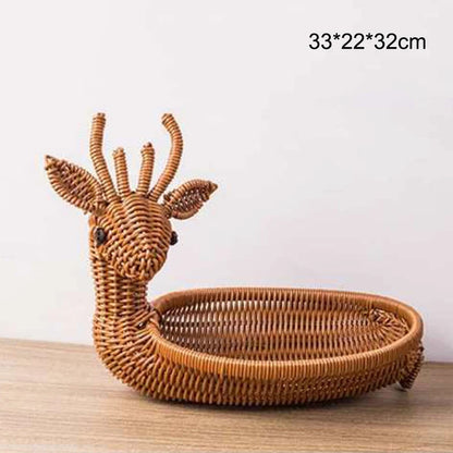 Rattan Woven Fruit Basket Cute Shape Fruit Bowls Tray Vegetable Snack Basket Novelty Animal Shaped Home Decor Organizer Handmade
