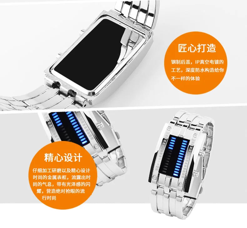 Men Watch 50m Waterproof Lava Watch Double Row Lamp Led Watch Male Fashion Steel Band Electronic Sport Watch Relogios Masculino