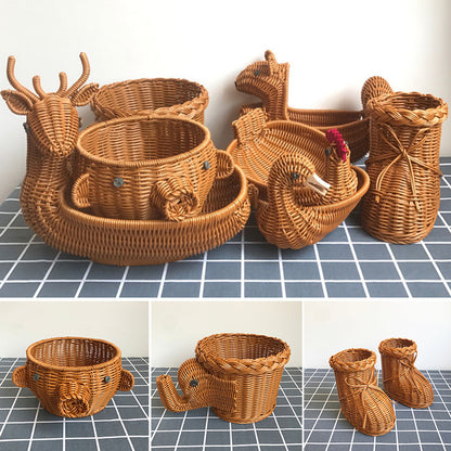 Rattan Woven Fruit Basket Cute Shape Fruit Bowls Tray Vegetable Snack Basket Novelty Animal Shaped Home Decor Organizer Handmade