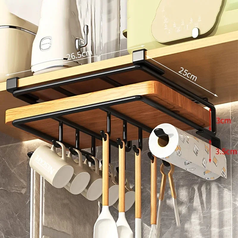 Kitchen Hanging Organizer Rack with Hooks Under Cupboard Paper Towel Rags Hanger Cutting Board Pot Cover Holder Storage Shelf detail view