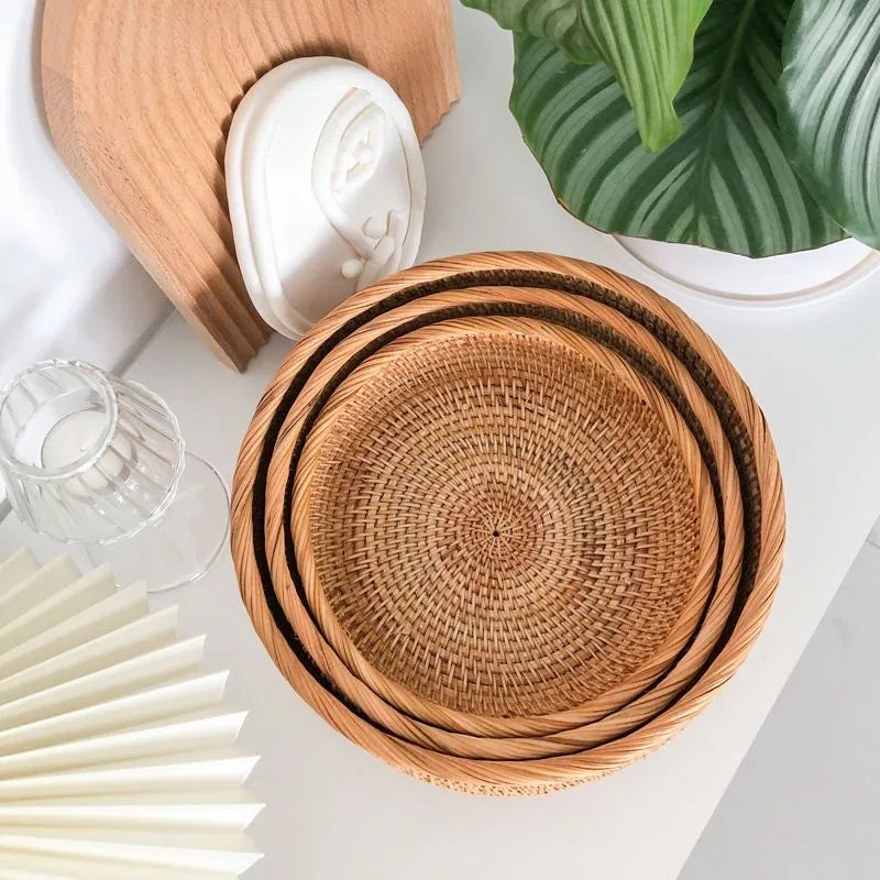 Round Rattan Storage Baskets Set Handwoven Wicker Organizer for Home Decor Kitchen Bathroom Bedroom Decorative Storage Bins