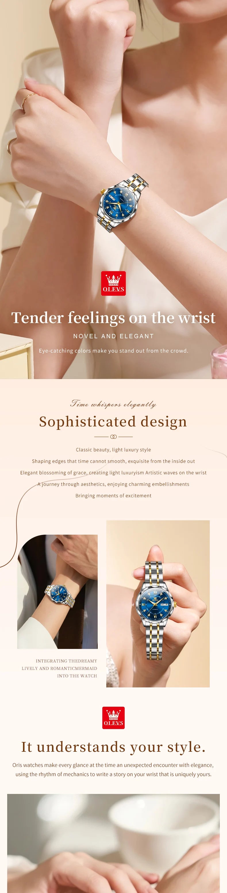 OLEVS 6727 Luxury Women Watch Brand Original All Automatic Mechanical Watch Roman Diamond Double Calendar Waterproof Women Watch