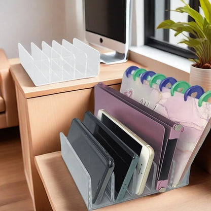 1pc vertical file organizer, acrylic desktop organizer, laptop stand - can hold up to 5 laptops, tablets and smartphones