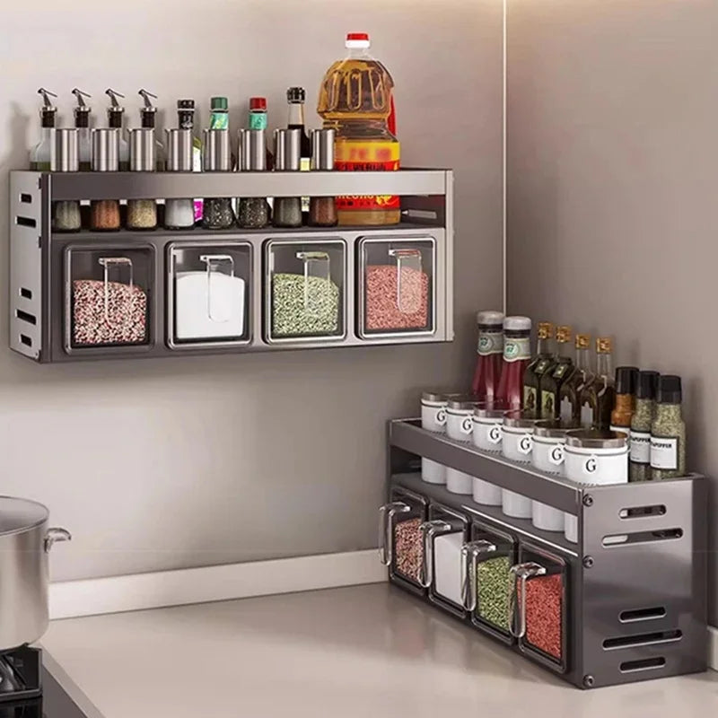 Kitchen wall storage organizer with sturdy stainless steel frame, wall mounted for spice box, jar and daily kitchen storage