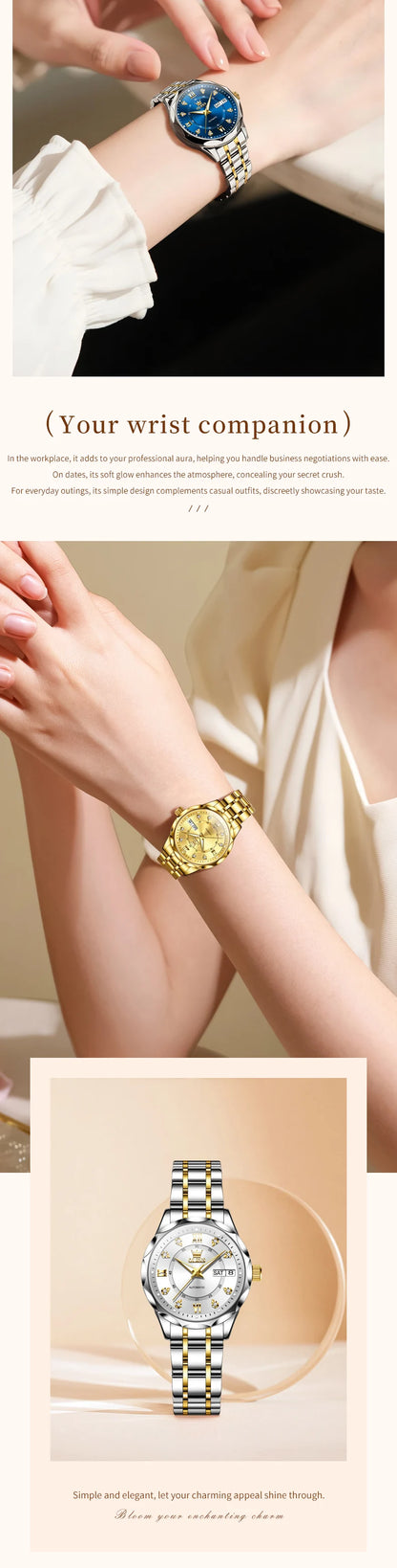 OLEVS 6727 Luxury Women Watch Brand Original All Automatic Mechanical Watch Roman Diamond Double Calendar Waterproof Women Watch