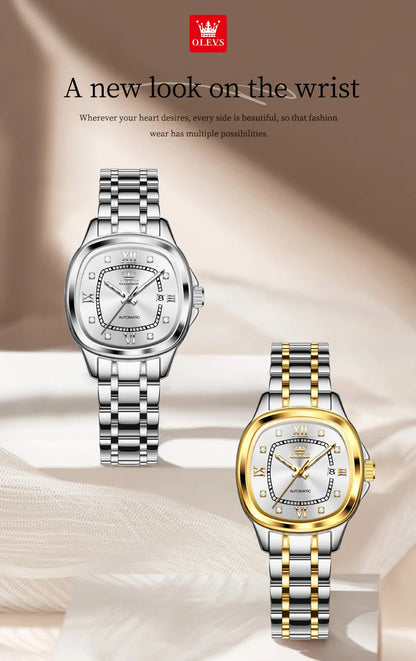 OLEVS 9810 Women Watch Automatic Mechanical Watch Simple Roman Scale Square Diamond Women Watch Waterproof Calendar Dress Watch