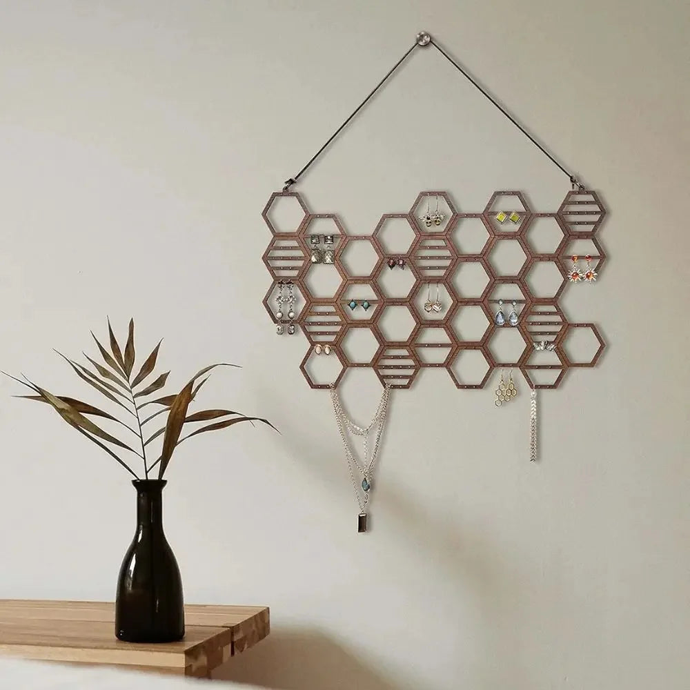 Honeycomb Earring Organizer Wall Mounted Earring Display Rack Wooden Hanging Jewelry Organizer Home Decorative Accessories