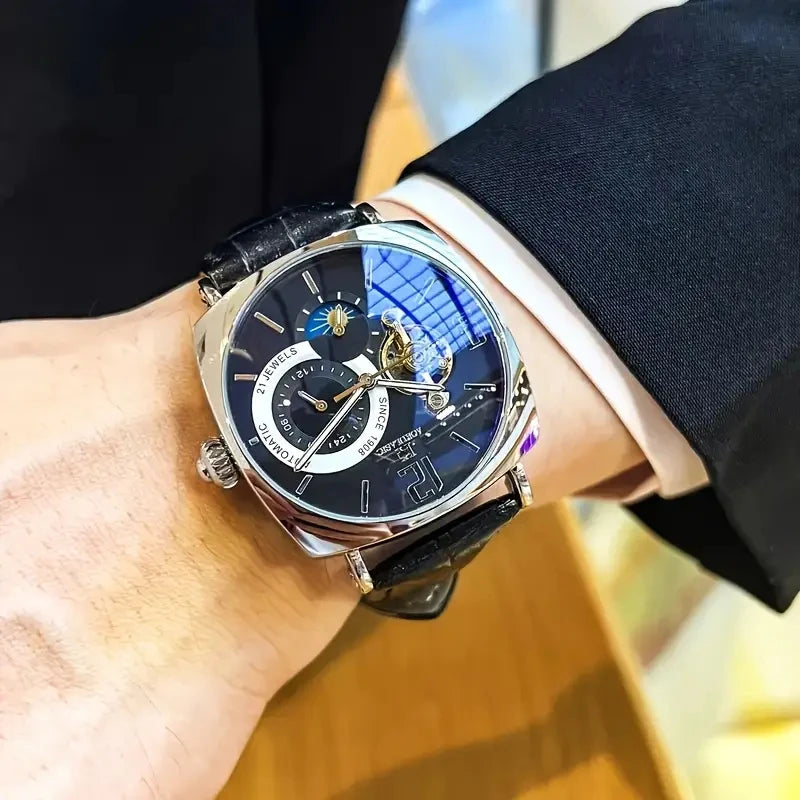 [Fashionable Men's Mechanical Watch] a Stylish and Versatile High-Value Vintage Mechanical Watch Featuring a Skeleton Dial, Hollow Design, and Alloy Case - an Elegant Men's Watch Suitable for Both Business and Casual Wear.