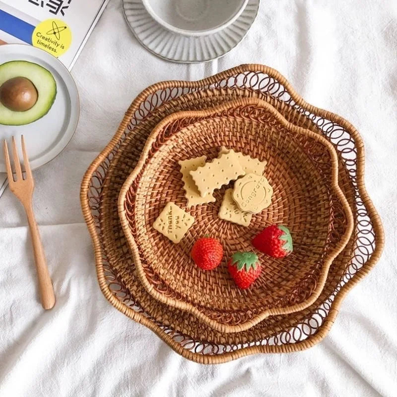 Round Rattan Storage Baskets Set Handwoven Wicker Organizer for Home Decor Kitchen Bathroom Bedroom Decorative Storage Bins