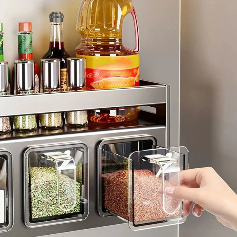 Kitchen wall storage organizer with sturdy stainless steel frame, wall mounted for spice box, jar and daily kitchen storage