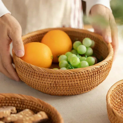 Round Rattan Storage Baskets Set Handwoven Wicker Organizer for Home Decor Kitchen Bathroom Bedroom Decorative Storage Bins