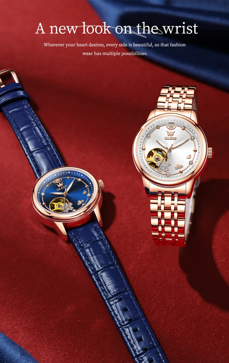 OLEVS 6732 Women Watch Top Luxury Brand All Automatic Mechanical Watch Hollow Diamond Exquisite Dial Dress Bracelet Women Watch