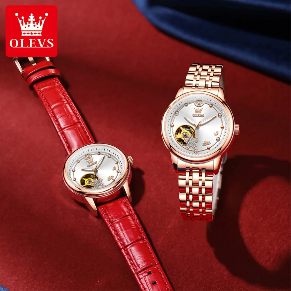 OLEVS 6732 Women Watch Top Luxury Brand All Automatic Mechanical Watch Hollow Diamond Exquisite Dial Dress Bracelet Women Watch