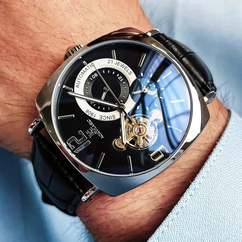 [Fashionable Men's Mechanical Watch] a Stylish and Versatile High-Value Vintage Mechanical Watch Featuring a Skeleton Dial, Hollow Design, and Alloy Case - an Elegant Men's Watch Suitable for Both Business and Casual Wear.