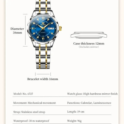 OLEVS 6727 Luxury Women Watch Brand Original All Automatic Mechanical Watch Roman Diamond Double Calendar Waterproof Women Watch