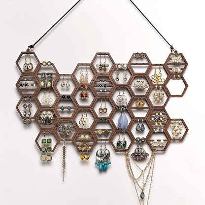 Honeycomb Earring Organizer Wall Mounted Earring Display Rack Wooden Hanging Jewelry Organizer Home Decorative Accessories