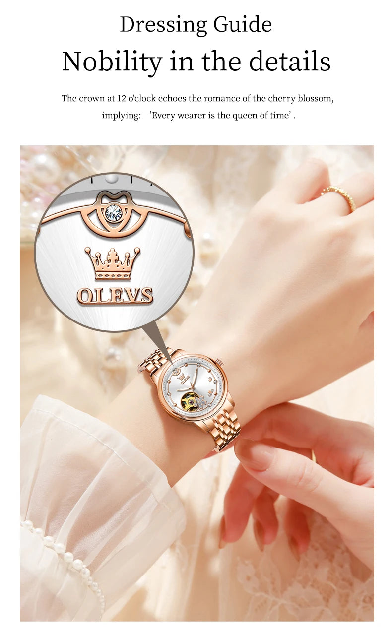 OLEVS 6732 Women Watch Top Luxury Brand All Automatic Mechanical Watch Hollow Diamond Exquisite Dial Dress Bracelet Women Watch
