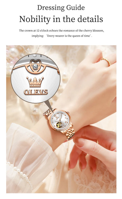 OLEVS 6732 Women Watch Top Luxury Brand All Automatic Mechanical Watch Hollow Diamond Exquisite Dial Dress Bracelet Women Watch