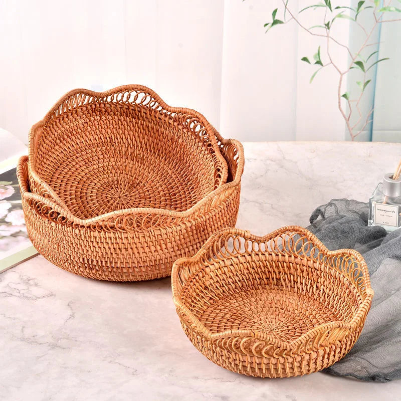 Round Rattan Storage Baskets Set Handwoven Wicker Organizer for Home Decor Kitchen Bathroom Bedroom Decorative Storage Bins