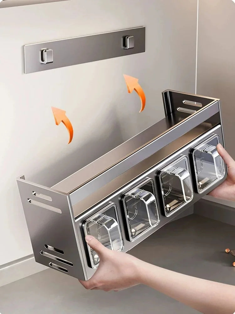 Kitchen wall storage organizer with sturdy stainless steel frame, wall mounted for spice box, jar and daily kitchen storage