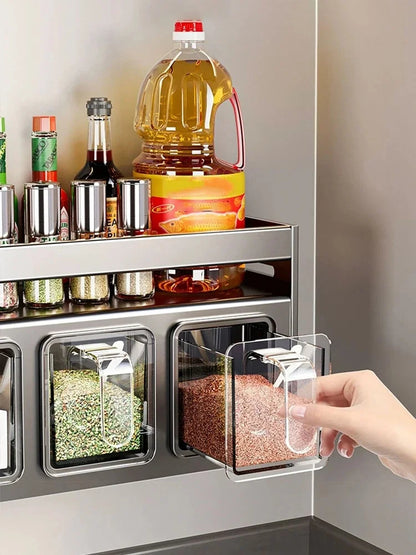 Kitchen wall storage organizer with sturdy stainless steel frame, wall mounted for spice box, jar and daily kitchen storage