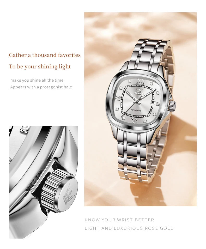 OLEVS 9810 Women Watch Automatic Mechanical Watch Simple Roman Scale Square Diamond Women Watch Waterproof Calendar Dress Watch
