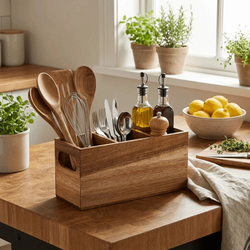 Kitchen Tools Wooden Utensil Organizer 3 Compartment Durable Storage Rack Space Saving Rustic Silverware Storage Box Countertop detail view