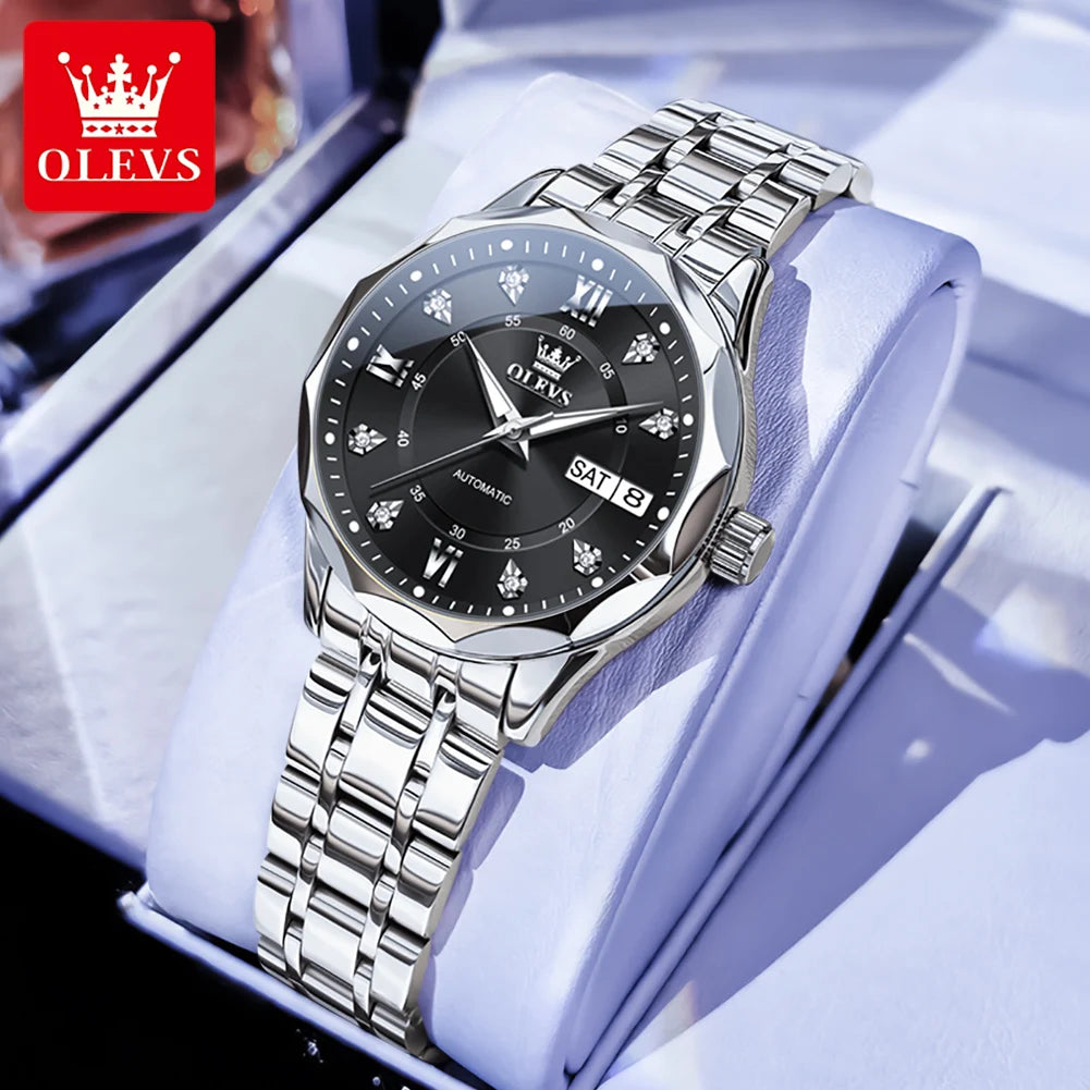 OLEVS 6727 Luxury Women Watch Brand Original All Automatic Mechanical Watch Roman Diamond Double Calendar Waterproof Women Watch