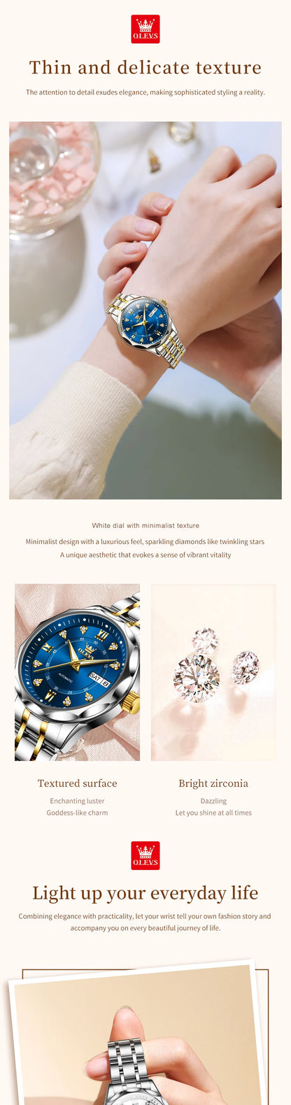 OLEVS 6727 Luxury Women Watch Brand Original All Automatic Mechanical Watch Roman Diamond Double Calendar Waterproof Women Watch