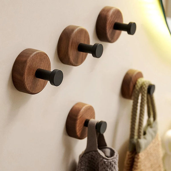 Self-adhesive Solid Wood Hook Walnut Hanging Hanger Bathroom Bedroom Wall Hook for Key Bag Towel Coat Home Decor Organizer Hook
