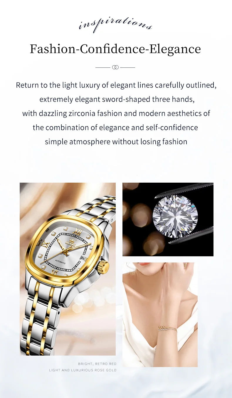 OLEVS 9810 Women Watch Automatic Mechanical Watch Simple Roman Scale Square Diamond Women Watch Waterproof Calendar Dress Watch