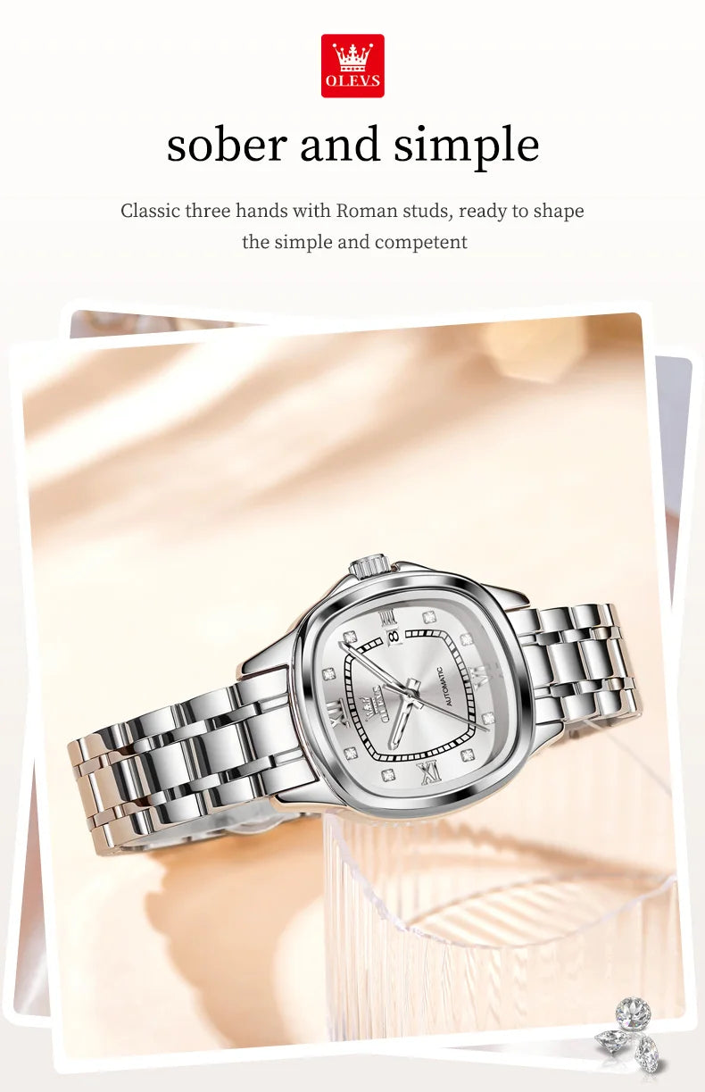 OLEVS 9810 Women Watch Automatic Mechanical Watch Simple Roman Scale Square Diamond Women Watch Waterproof Calendar Dress Watch
