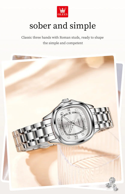 OLEVS 9810 Women Watch Automatic Mechanical Watch Simple Roman Scale Square Diamond Women Watch Waterproof Calendar Dress Watch