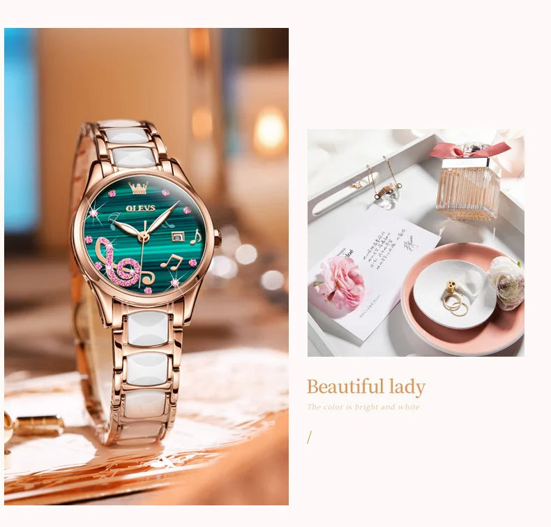 OLEVS 3605 Women Watch Top Brand High Quality Quartz Watch Exquisite Diamond Note Waterproof Dial Dress Ceramic Women Watch