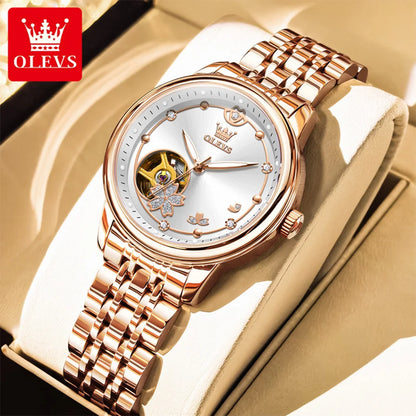 OLEVS 6732 Women Watch Top Luxury Brand All Automatic Mechanical Watch Hollow Diamond Exquisite Dial Dress Bracelet Women Watch