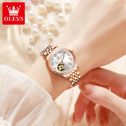 OLEVS 6732 Women Watch Top Luxury Brand All Automatic Mechanical Watch Hollow Diamond Exquisite Dial Dress Bracelet Women Watch