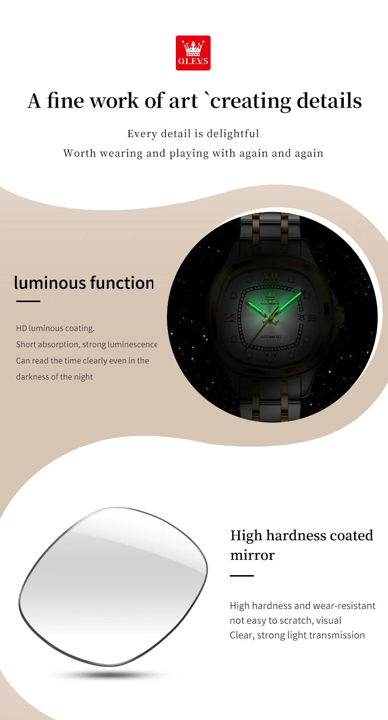 OLEVS 9810 Women Watch Automatic Mechanical Watch Simple Roman Scale Square Diamond Women Watch Waterproof Calendar Dress Watch
