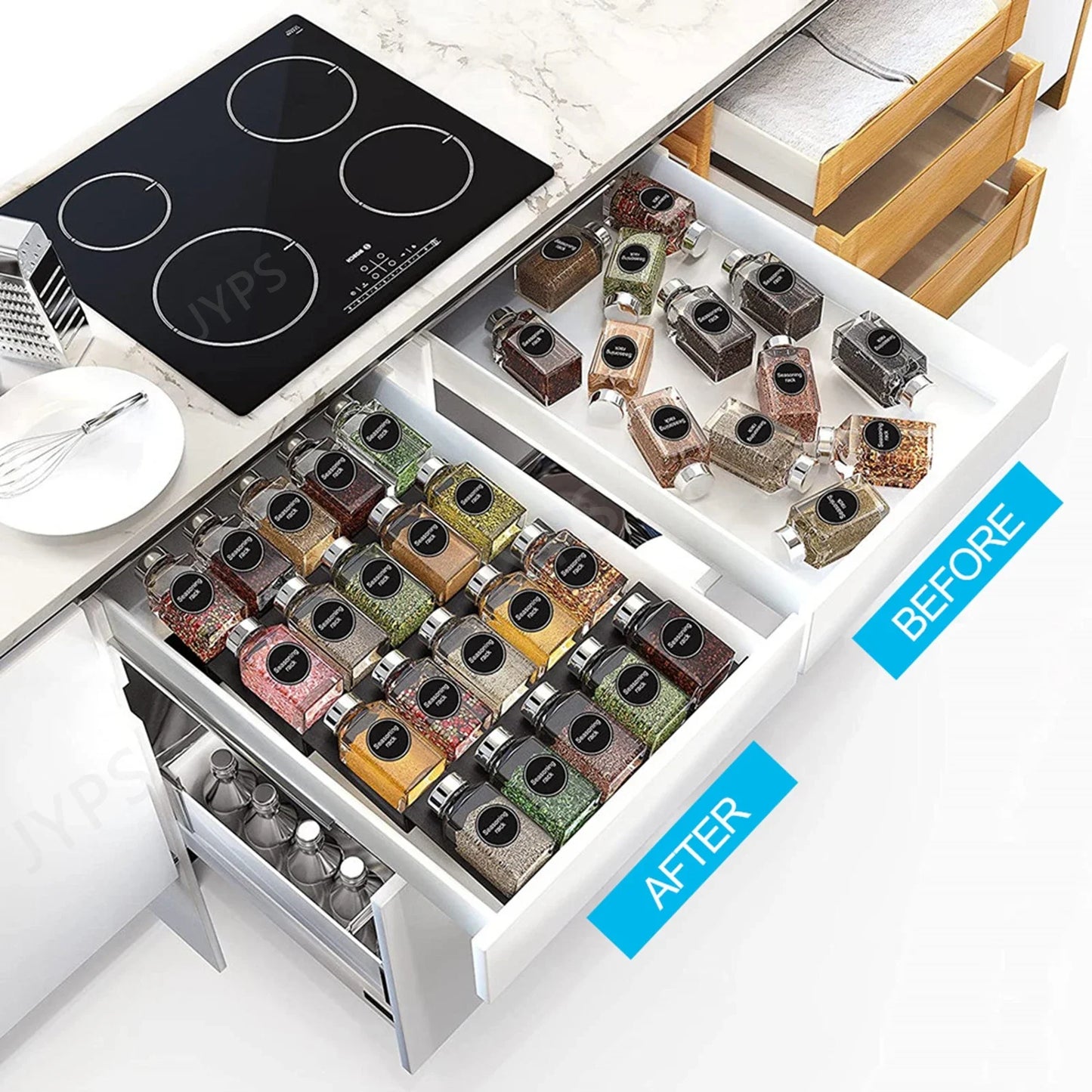 4 Tier Kitchen Organizer Spice Drawer Storage Rack Expandable Acrylic Seasoning Bottle Shelves Spice Racks Kitchen Organizer