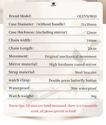 OLEVS 9810 Women Watch Automatic Mechanical Watch Simple Roman Scale Square Diamond Women Watch Waterproof Calendar Dress Watch