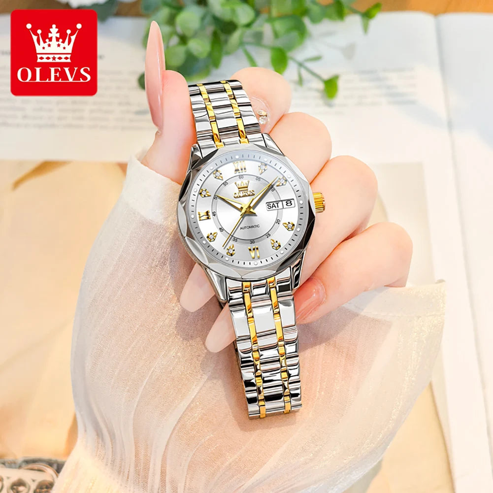 OLEVS 6727 Luxury Women Watch Brand Original All Automatic Mechanical Watch Roman Diamond Double Calendar Waterproof Women Watch