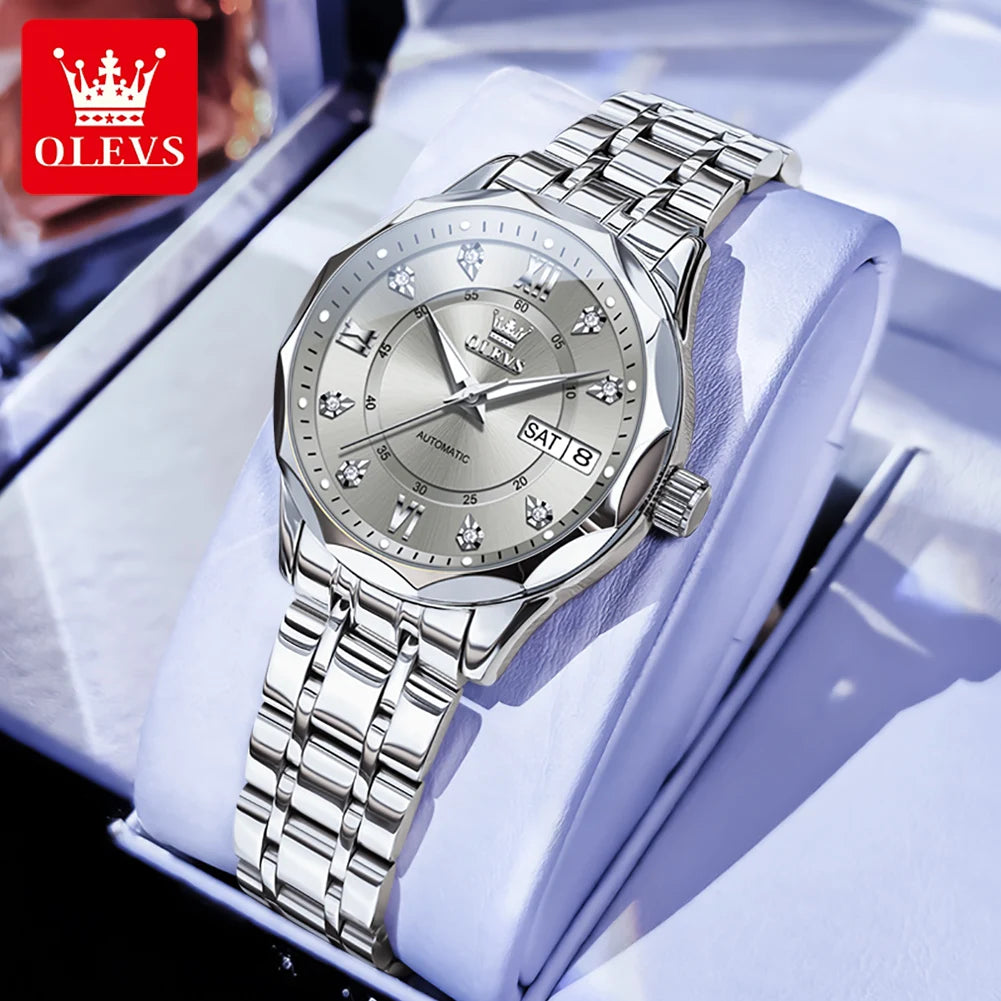 OLEVS 6727 Luxury Women Watch Brand Original All Automatic Mechanical Watch Roman Diamond Double Calendar Waterproof Women Watch