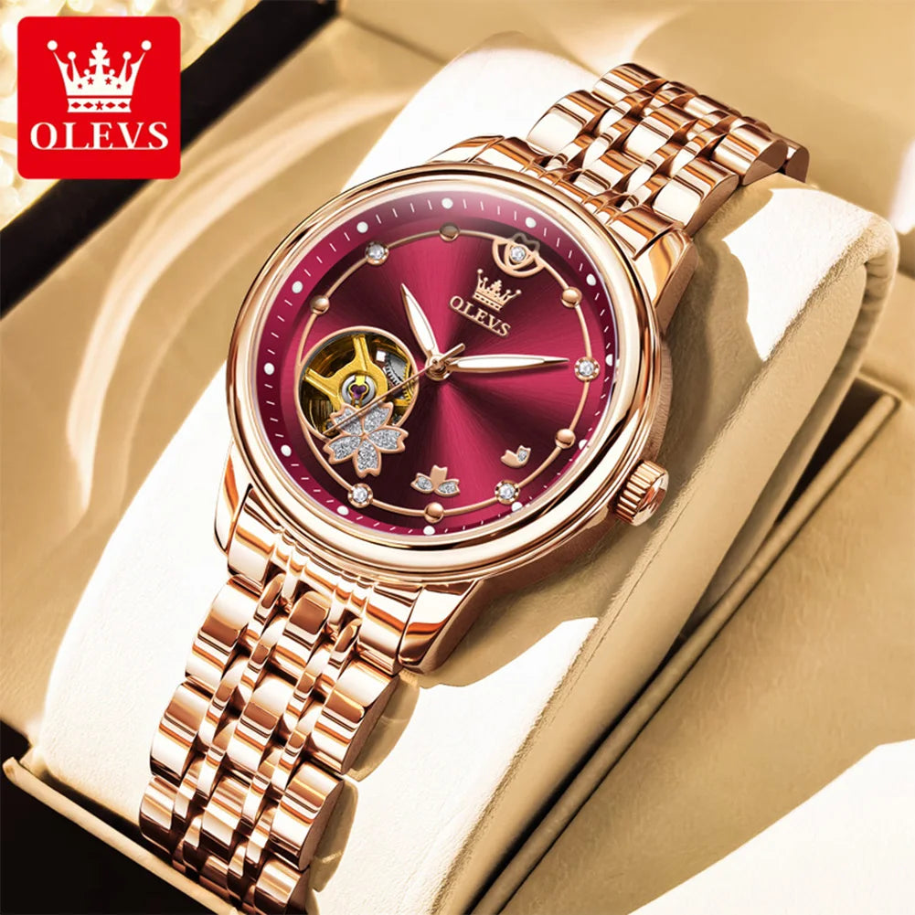 OLEVS 6732 Women Watch Top Luxury Brand All Automatic Mechanical Watch Hollow Diamond Exquisite Dial Dress Bracelet Women Watch